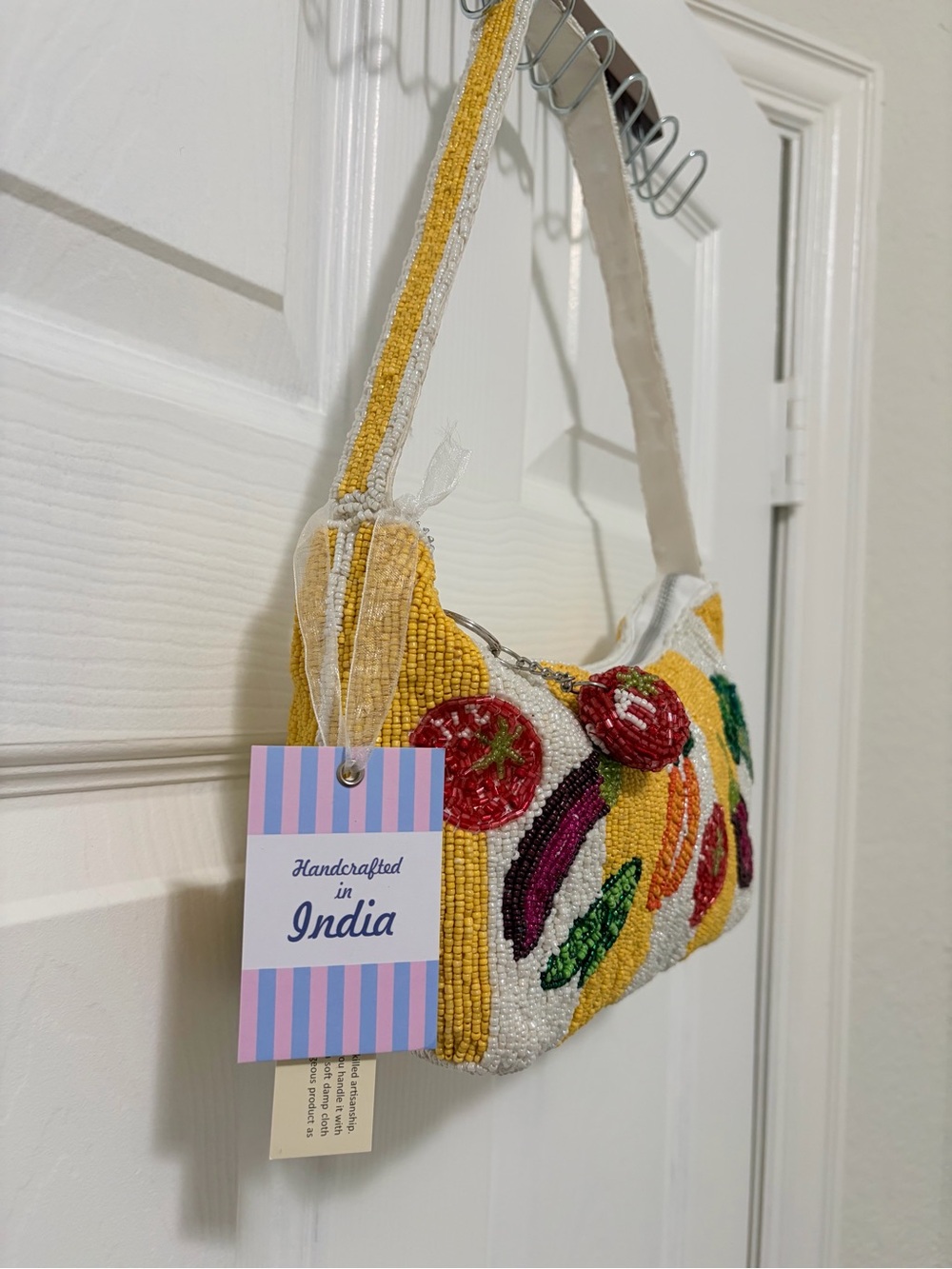 Hand-Beaded Yellow & White Vegetable Motif Shoulder Bag by - Picture 2 of 7